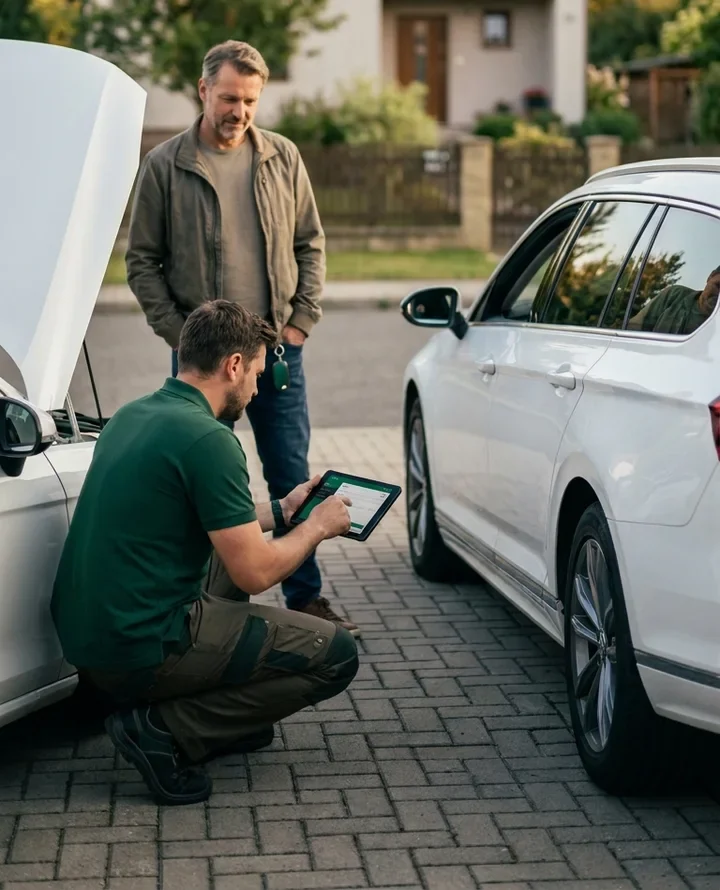 Technik CashAuto s tabletem kontroluje bílé firemní kombi u klienta před domem